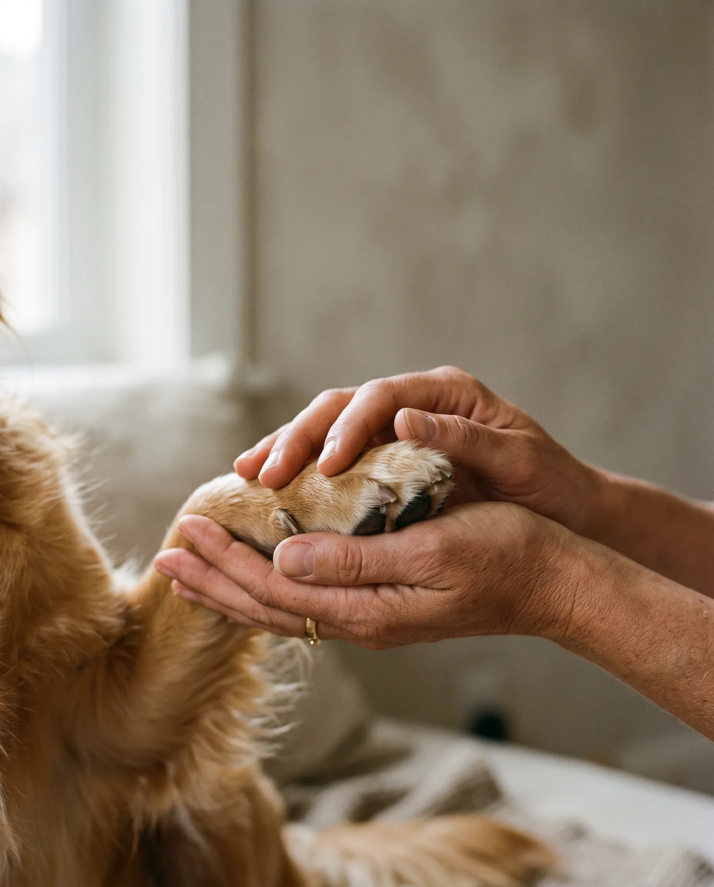 Hands gently holding a dog's paw