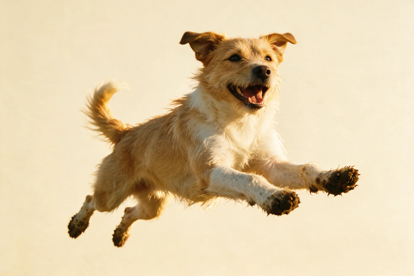 An adult terrier joyfully in motion