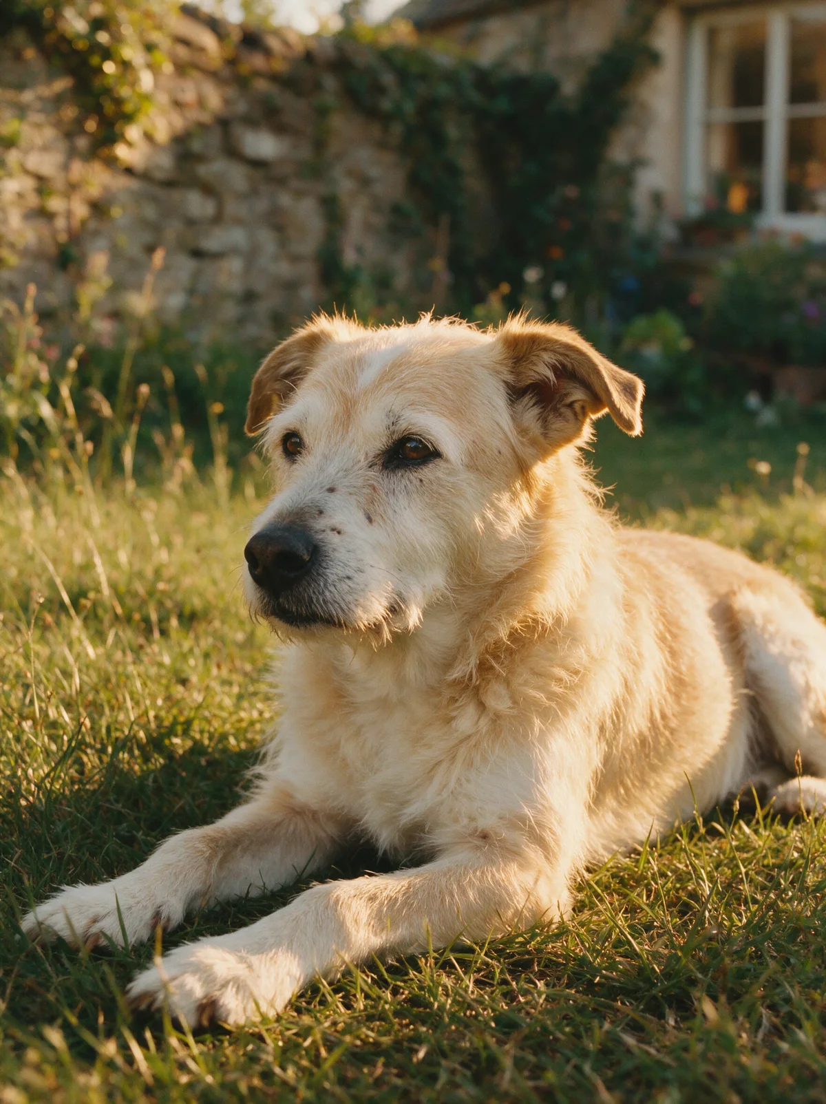 A senior terrier resting in warm light