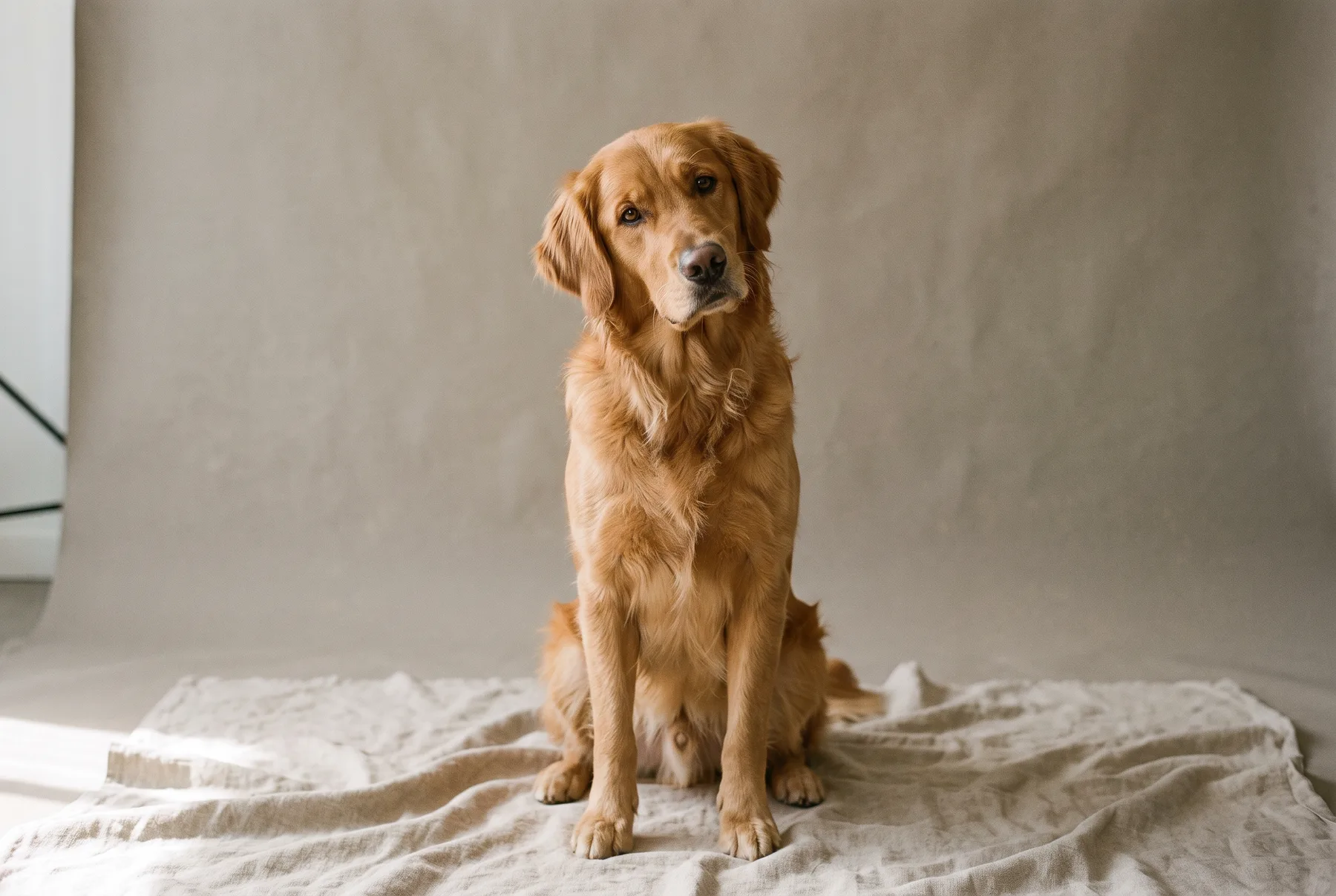 A calm golden retriever ready for a vet visit