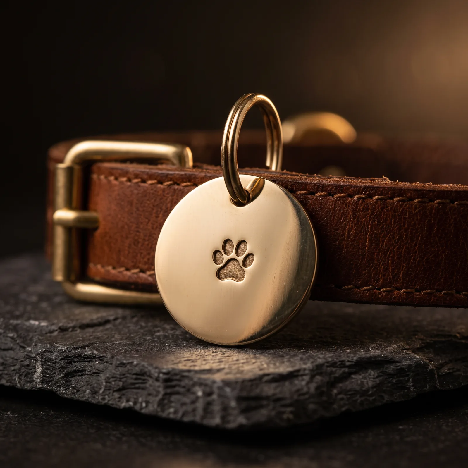 Solid brass Smart Tag with engraved paw on a leather collar, on dark slate