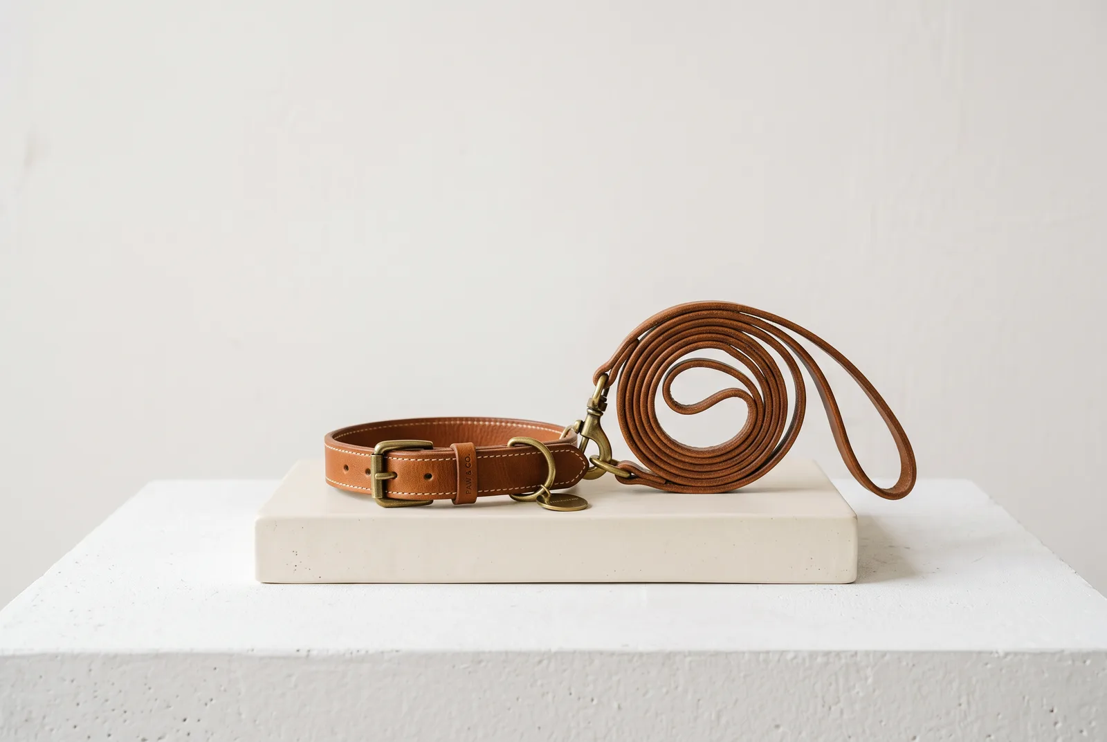 Caramel leather collar and coiled leash with brass hardware on an ivory plinth