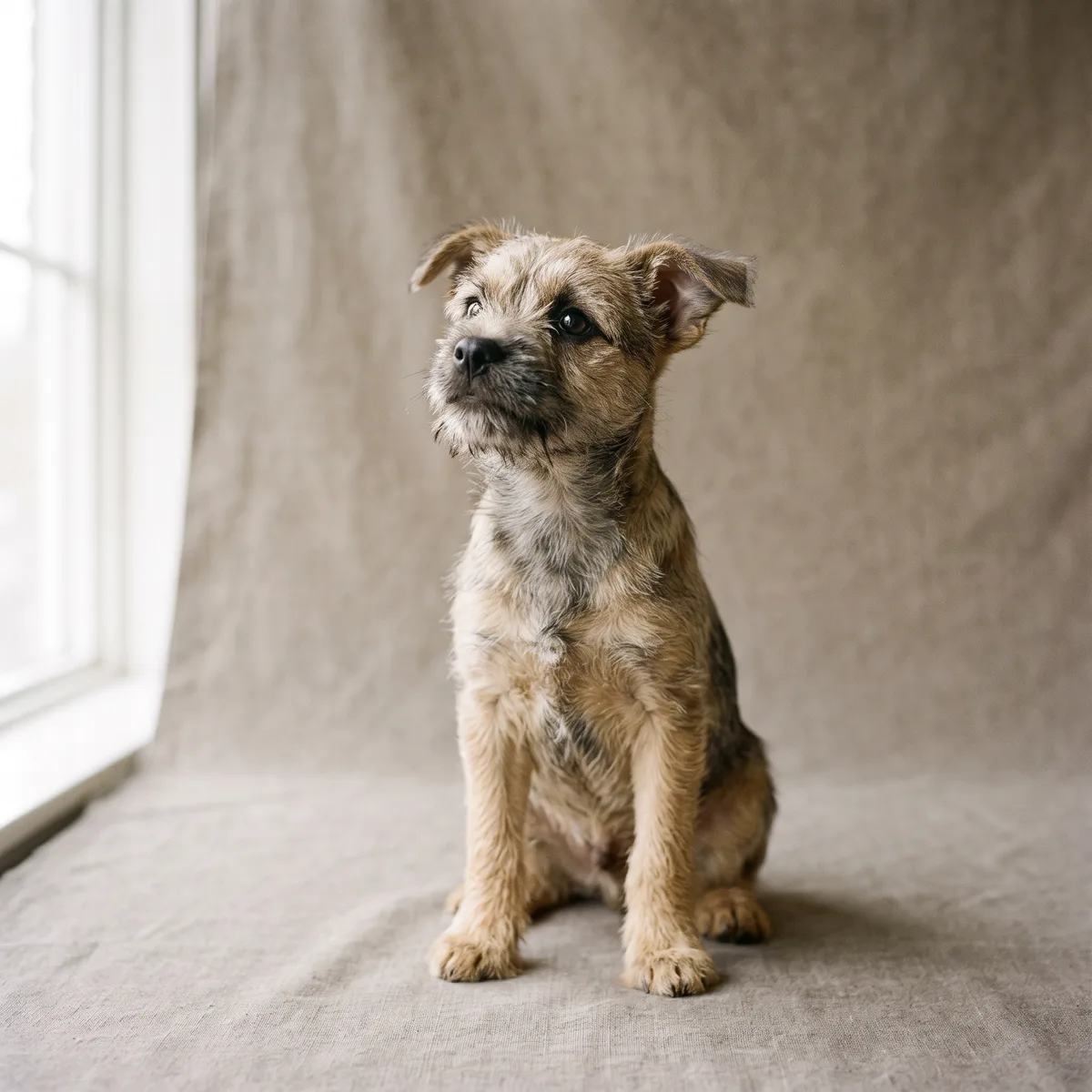 A scruffy terrier puppy looking up curiously on a linen studio backdrop